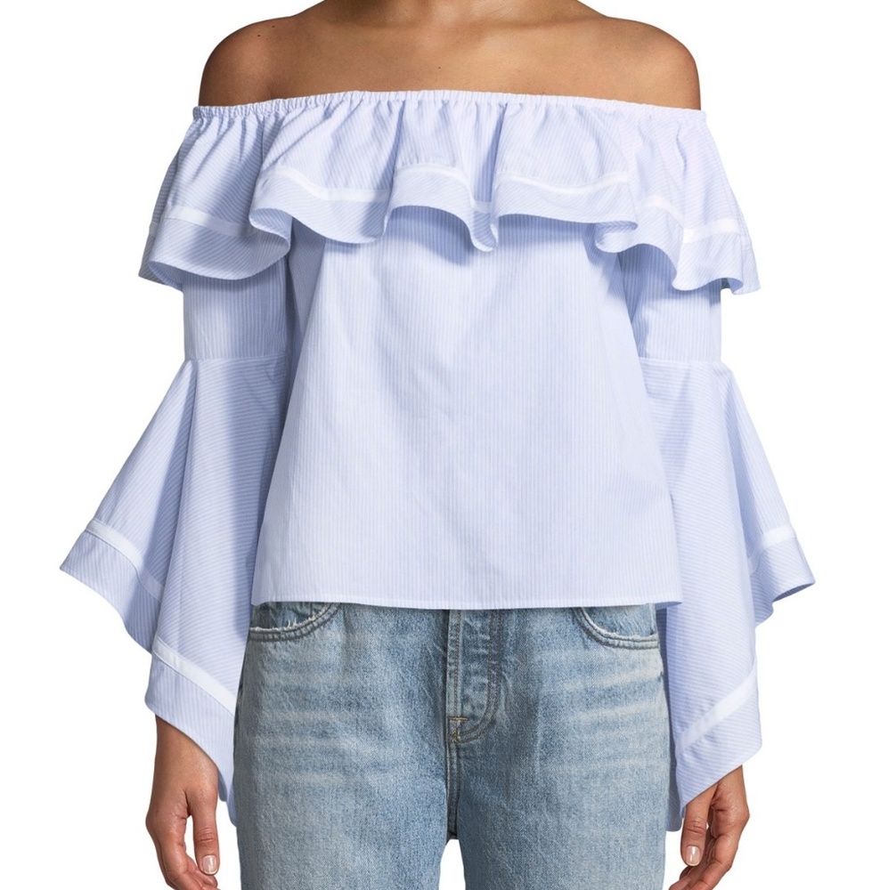 Rebecca Minkoff Feri Ruffle off the shoulder Striped top NWT L Blue & White Chic
